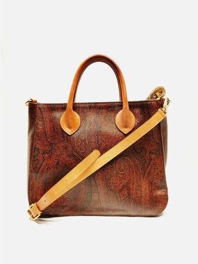 Etro Brown Paisley Leather Tote with Tan Strap and Handles